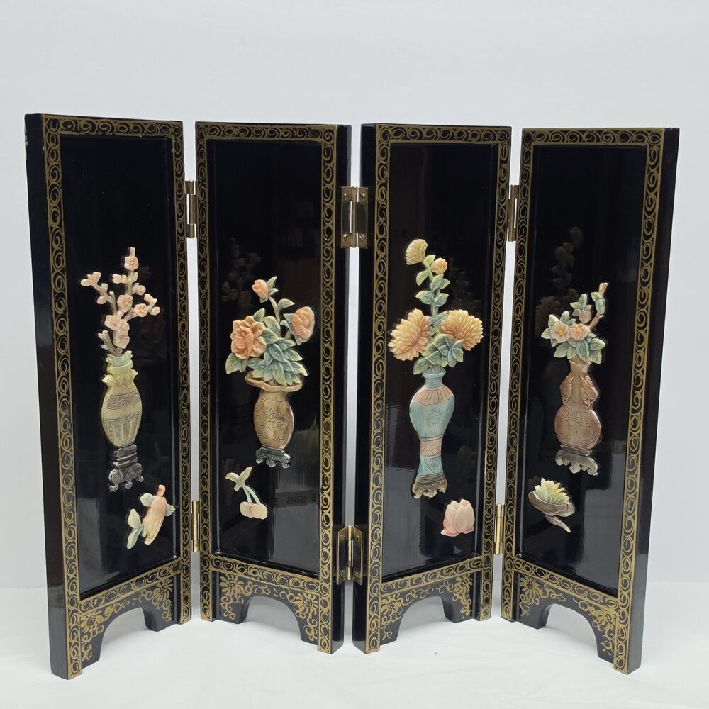 Vintage Chinese Black Lacquer Four Panel Folding Table Top Screen Carved Vases